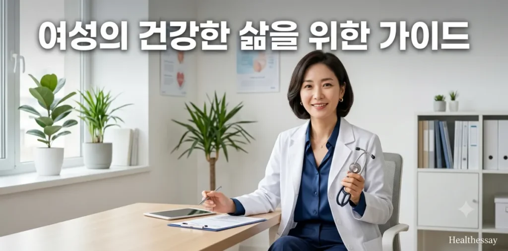 여성 건강검진 추가 항목을 설명하며 진료실에 앉아 있는 여성의 모습