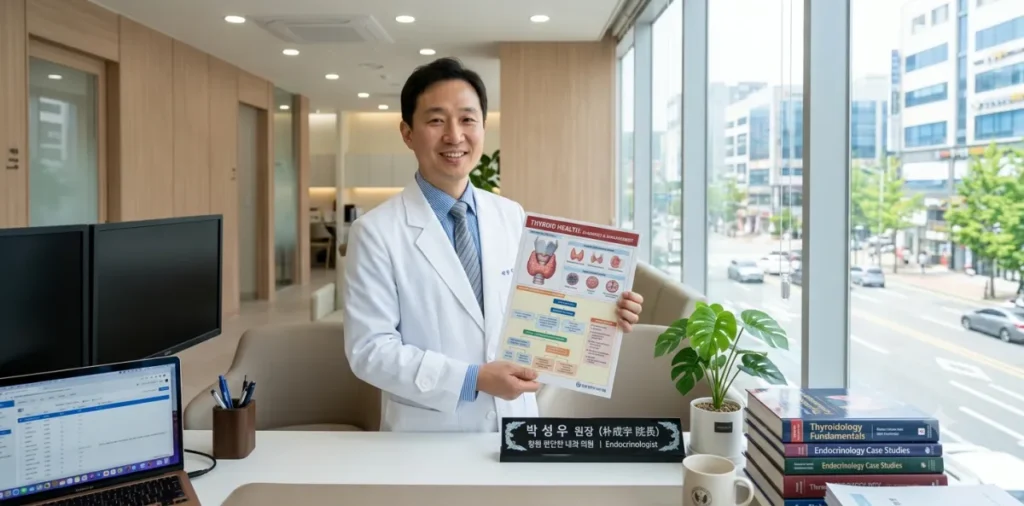 갑상선 초음파 비용 상담을 위해 차트를 보여주며 설명하는 의사의 모습