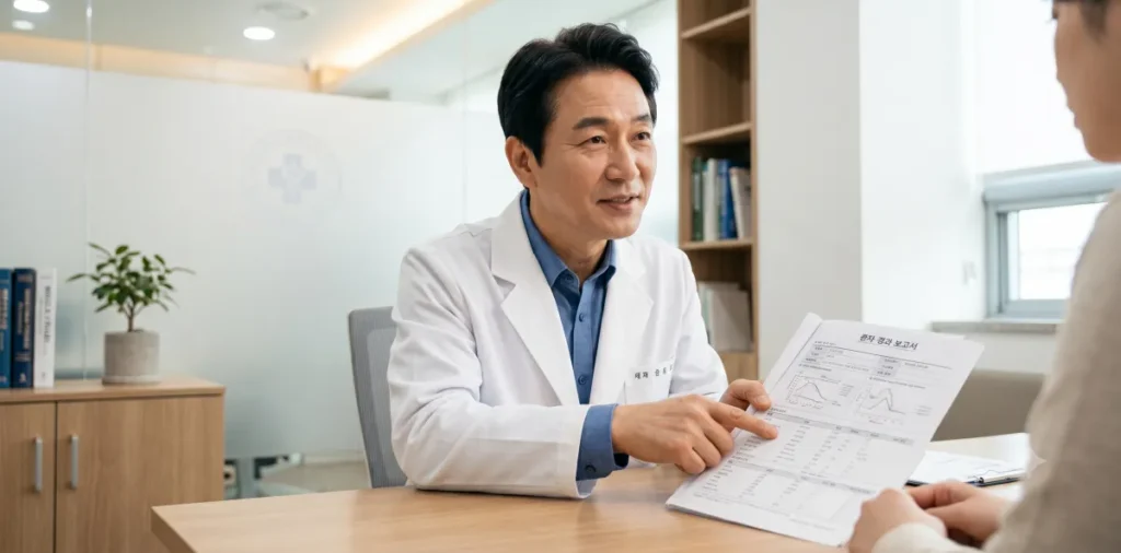 의사와 함께 건강검진 결과표 내용을 확인하며 정밀 상담을 진행하는 모습