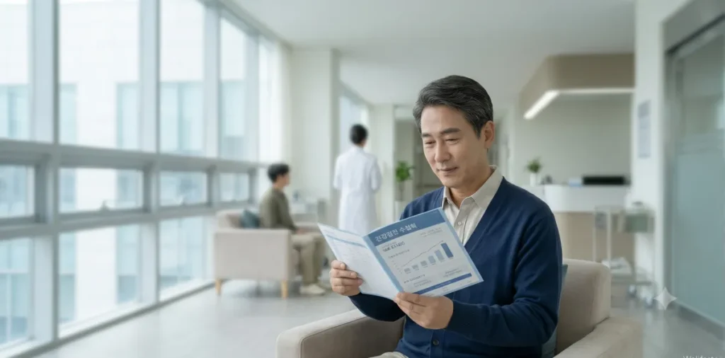 병원 로비에 앉아 건강검진 안내서를 읽으며 정밀 검사를 고민하는 모습