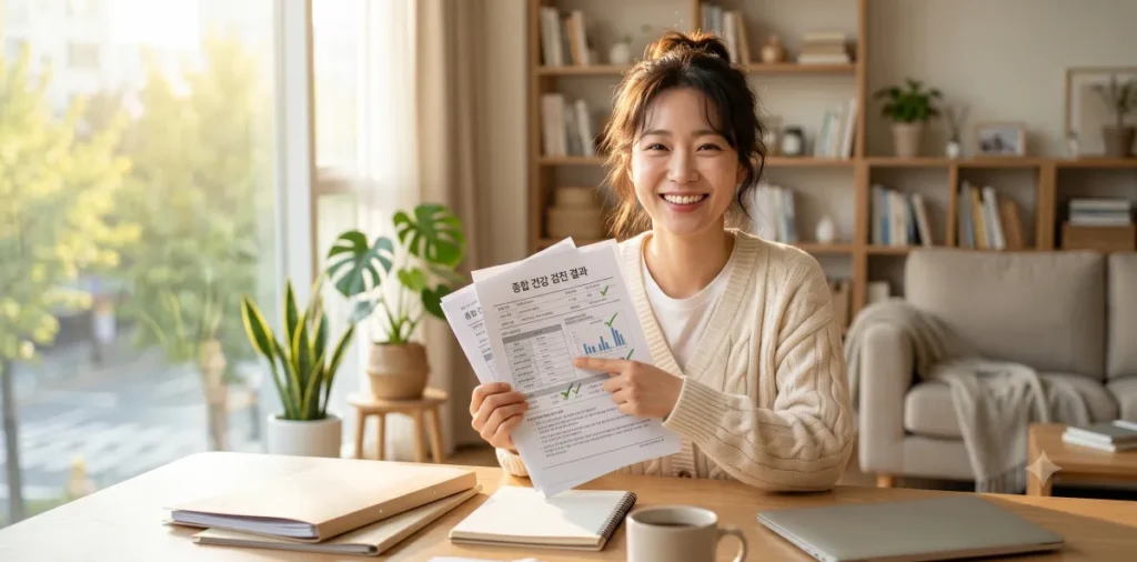 검진 후 건강검진 결과지를 확인하고 안도하며 미소 짓는 여성의 모습