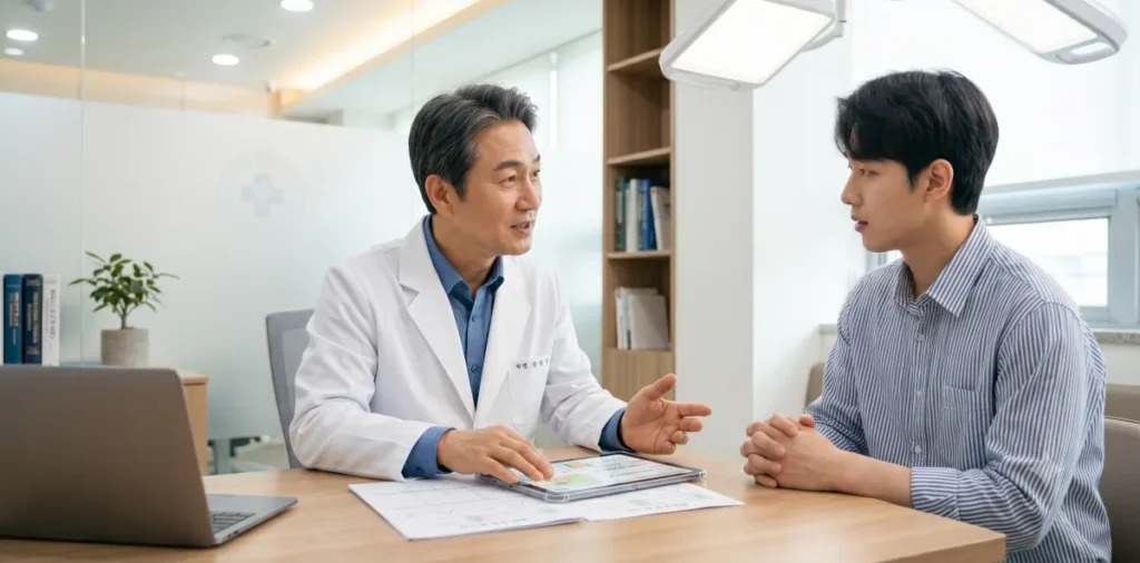 위장 질환 예방을 위한 30대 건강검진 추가 검사 내시경에 관한 상담을 하는 모습
