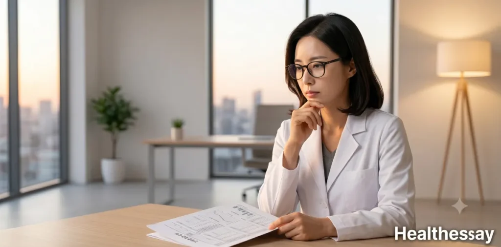 사무실 책상에 앉아 건강검진 추가 검사 선택을 위해 고민하고 있는 30대 직장인
