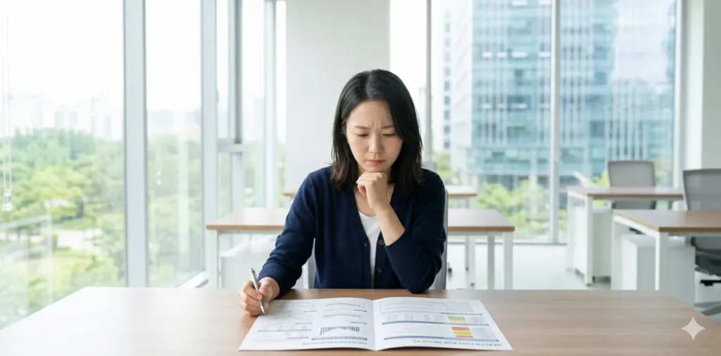 철저한 대사증후군 관리 방법 계획 수립을 위해 심각한 표정으로 결과지를 보는 모습