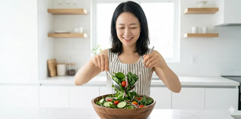 매일 실천하는 내장지방 빼는 식단 구성을 위해 초록색 채소 접시를 세팅하는 모습