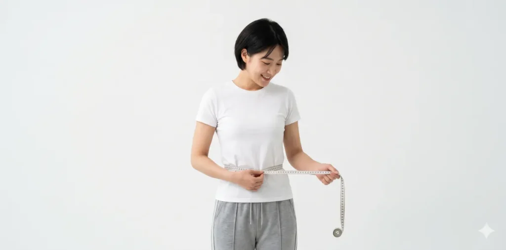 안내받은 건강검진 질환의심 재검사 기준 내용을 토대로 줄자로 배 둘레를 재는 모습