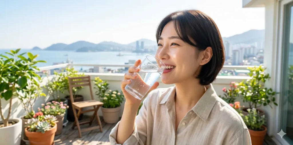 공복혈당 장애 정상 수치 회복 목표를 달성한 뒤 맑은 물을 기분 좋게 마시는 모습