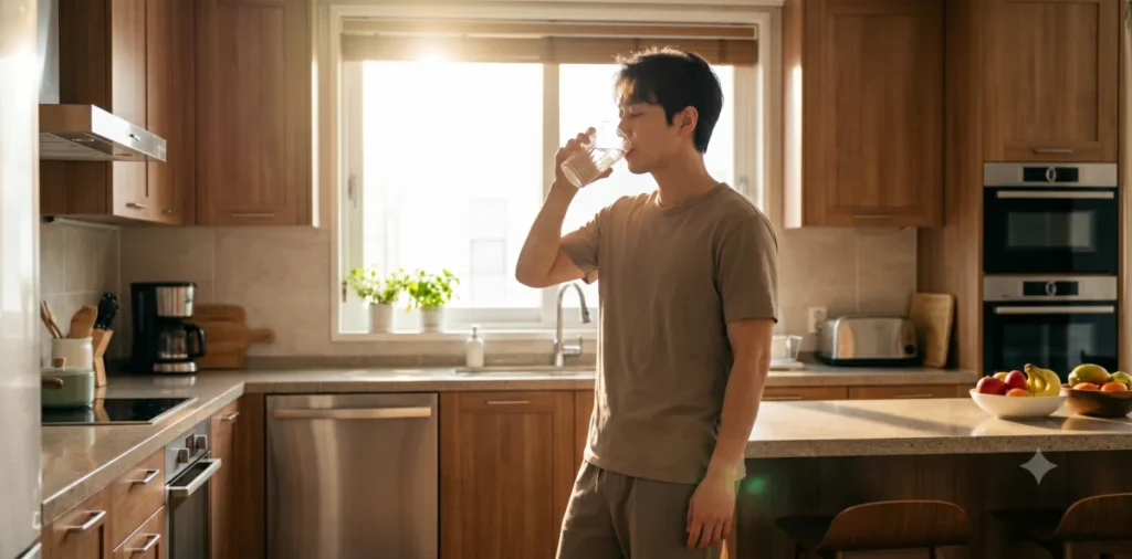 건강검진 수치 정상화 후, 대사증후군 평생 유지 방법 가이드 4 대사증후군 수치 유지를 위해 매일 아침 미지근한 물을 마시는 건강한 생활 습관을 실천하는 장면