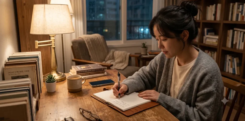 건강검진 수치 정상화 후, 대사증후군 평생 유지 방법 가이드 5 건강검진 재검사 결과를 막기 위해 꼼꼼하게 식단 일지를 매일 기록하는 모습