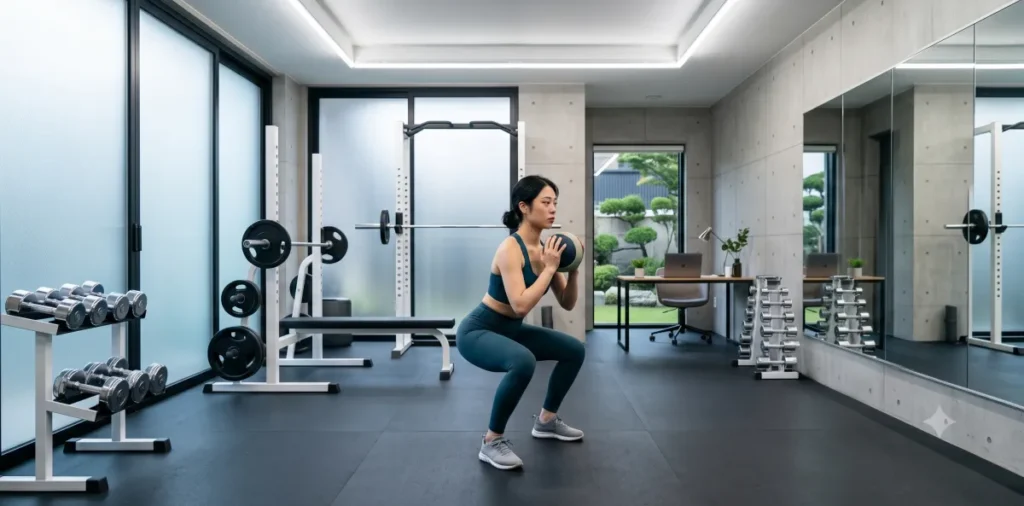 건강검진 수치 정상화 후, 대사증후군 평생 유지 방법 가이드 6 평생 건강 유지법 실천을 위해 실내에서 하체 근력 운동에 꾸준히 집중하는 모습