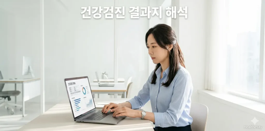 대사증후군 진단기준 수치를 확인하며 컴퓨터 화면을 주시하고 있는 모습