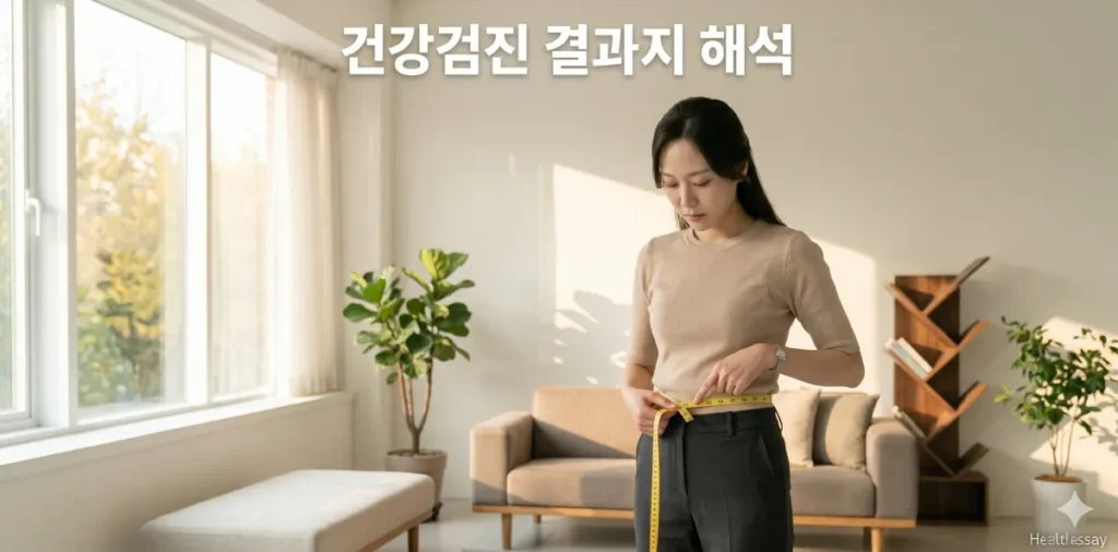 대사증후군 수치 관리를 위해 자신의 허리둘레를 줄자로 측정하는 모습