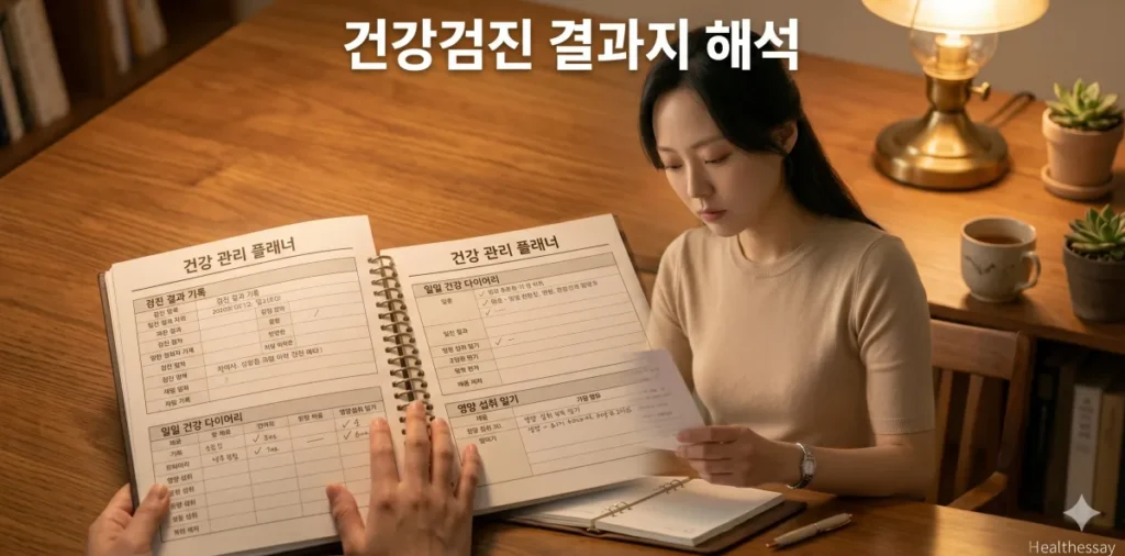 자신의 건강검진 결과지 대사증후군 확인 후 다이어리를 쓰는 모습