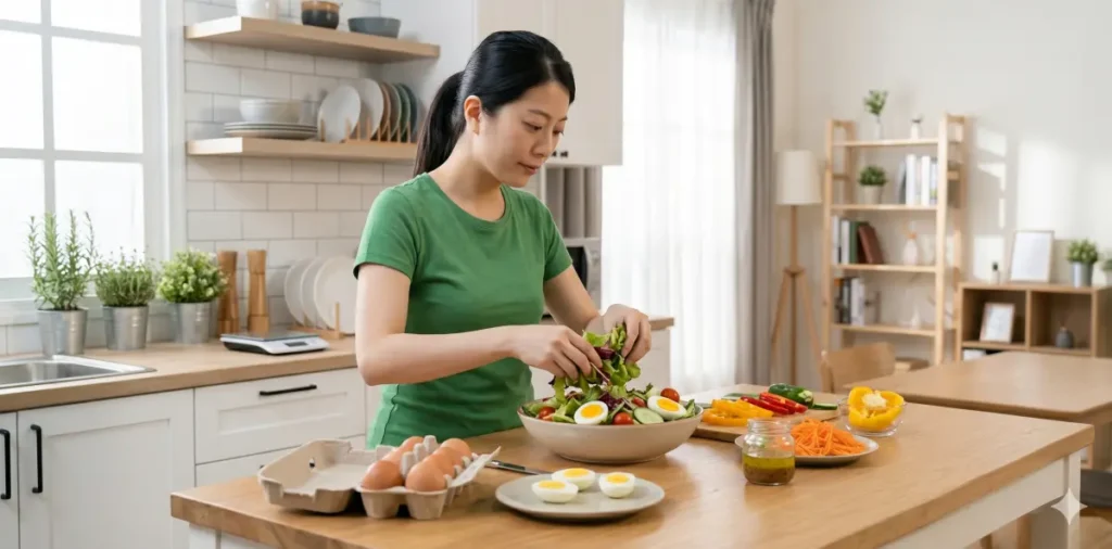 간헐적 단식 시간표! 내장지방 녹이는 공복 혈당 관리법 7 효율적인 내장지방 빼는 식단 차림을 위해 신선한 야채 샐러드를 준비하는 모습