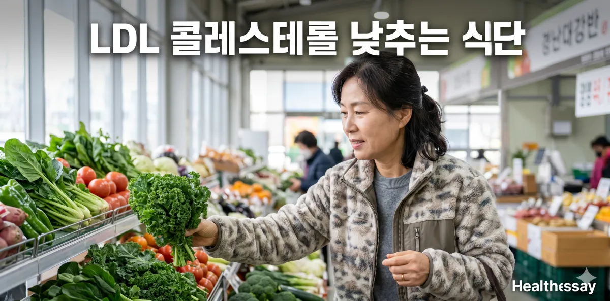 LDL 콜레스테롤 낮추는 식단 구성을 위해 마트에서 신선한 야채들을 고르는 모습
