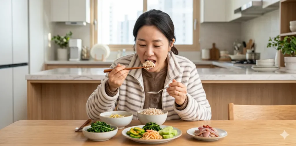 LDL 콜레스테롤 낮추는 식단과 고지혈증에 좋은 음식 4 콜레스테롤 낮추는 방법 실천을 위해 현미밥과 나물 반찬으로 식사하는 모습