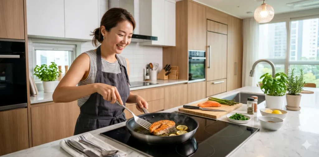 LDL 콜레스테롤 낮추는 식단과 고지혈증에 좋은 음식 5 훌륭한 이상지질혈증 관리법 식단을 위해 주방 프라이팬에 연어를 굽고 있는 모습