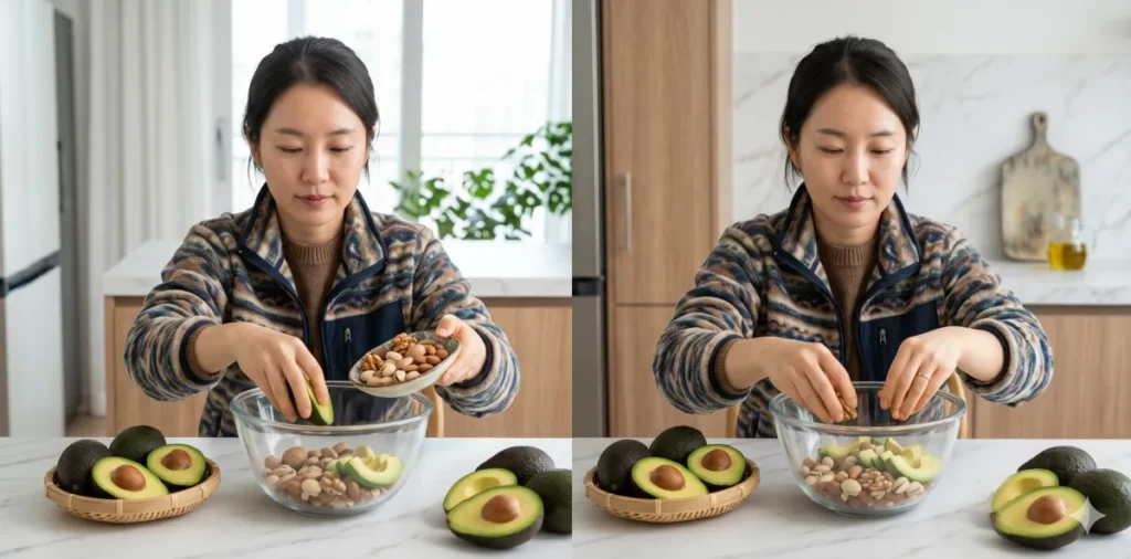 LDL 콜레스테롤 낮추는 식단과 고지혈증에 좋은 음식 6 다양한 불포화지방산 식품 종류인 아보카도와 견과류를 유리 용기에 가지런히 담는 모습