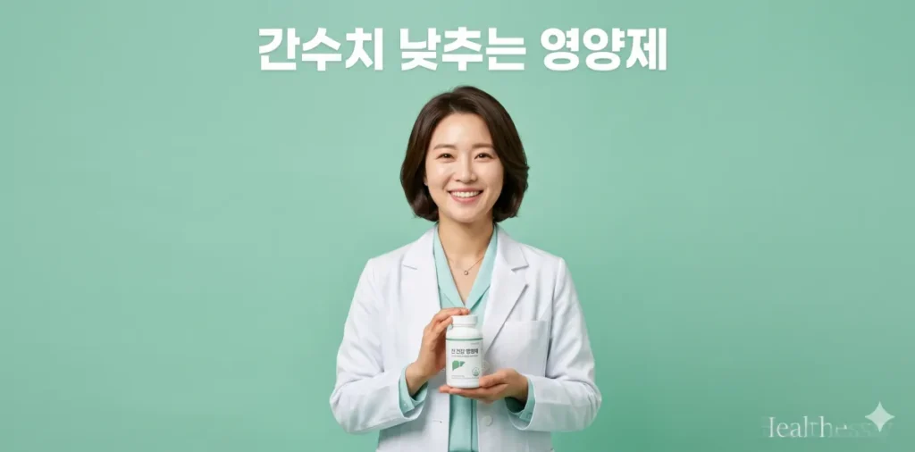간수치 낮추는 영양제 용기를 들고 정면을 보며 가볍게 미소 짓는 모습