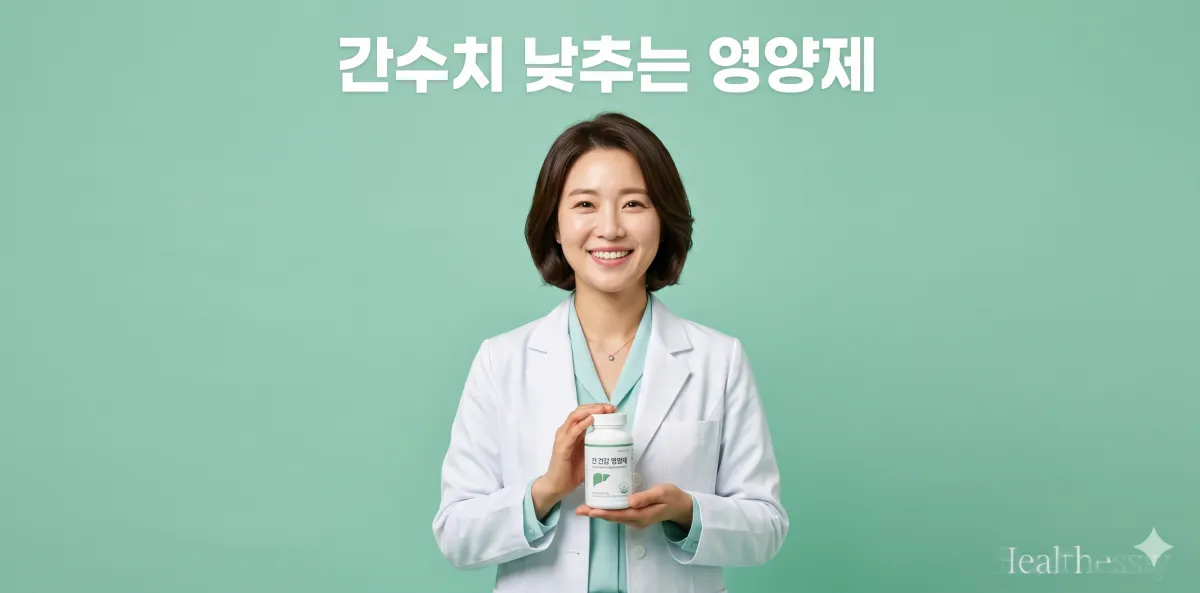 간수치 낮추는 영양제 용기를 들고 정면을 보며 가볍게 미소 짓는 모습