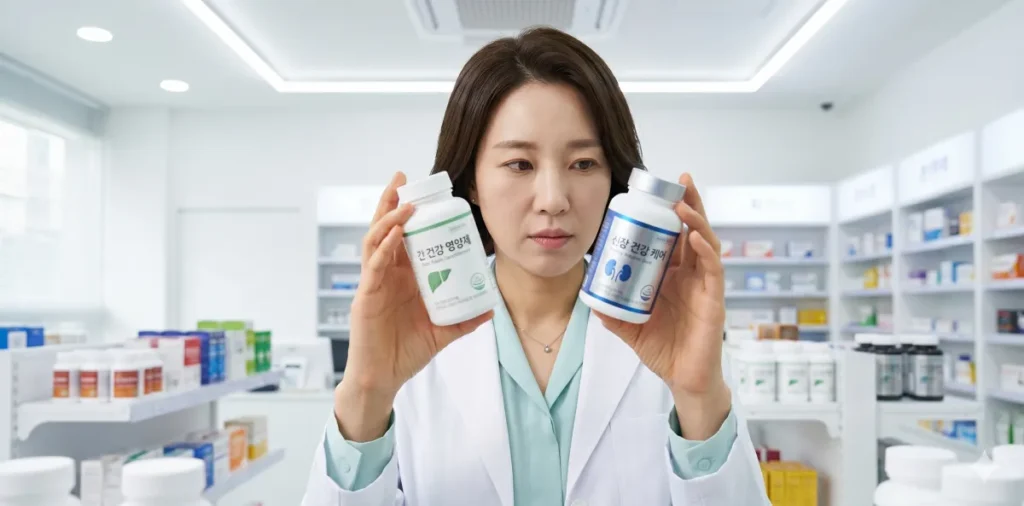 두 제품의 성분표를 꼼꼼하게 대조하며 심사숙고하여 선택하는 모습