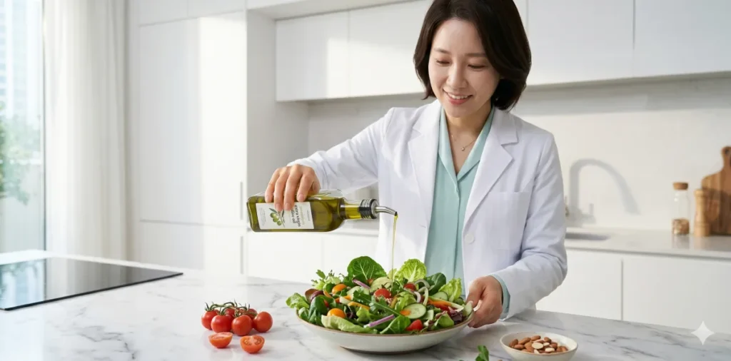 지방간 식단 가이드 원칙에 따라 신선한 샐러드에 드레싱을 넣는 모습