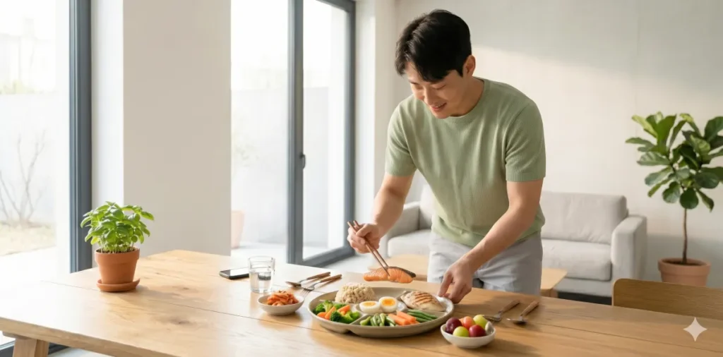 영양 균형이 잡힌 식사 메뉴를 보며 만족해하는 모습