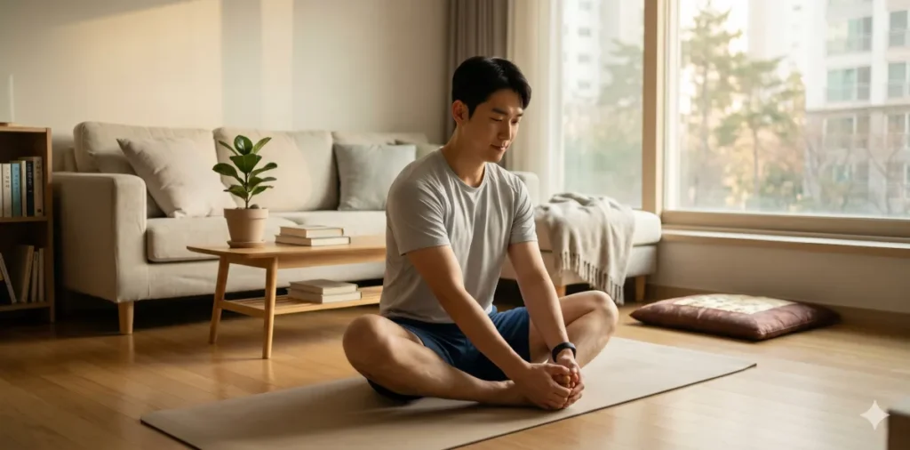 거실에서 매트를 펴고 가벼운 스트레칭으로 운동하는 모습