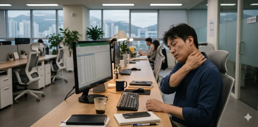 지독한 만성염증 수치 악화로 인하여 사무실 책상에서 피로감을 심하게 느끼는 모습