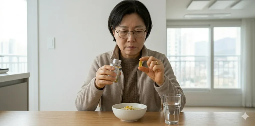 피를 맑게 돕는 오메가3 코큐텐 성분이 담긴 노란색 캡슐을 손에 들고 있는 모습