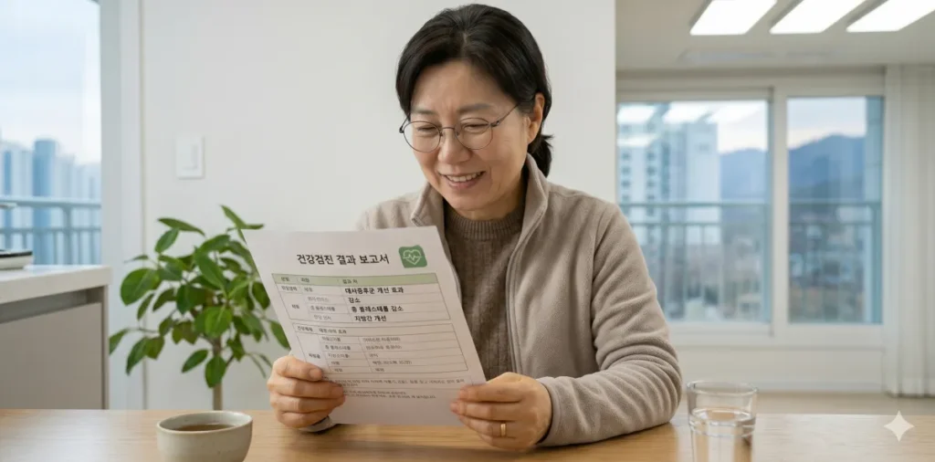 영양 보충으로 건강검진 수치 정상화 성과를 확인하며 아주 밝게 웃고 있는 모습