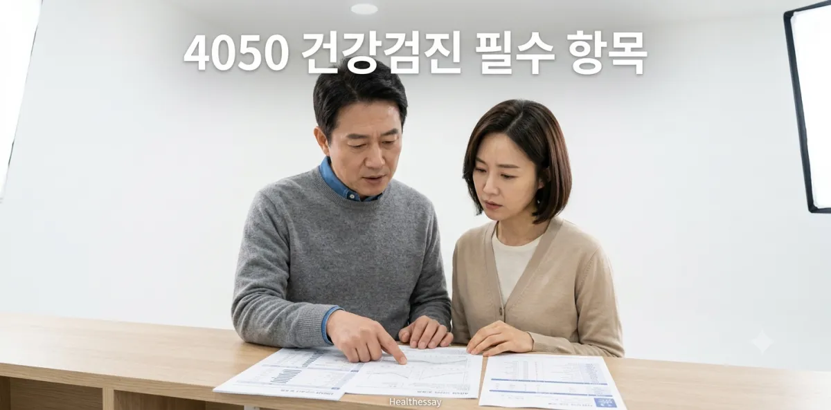 중년 건강검진 추가 검사 결과 서류를 꼼꼼하게 살피는 남녀 환자의 모습
