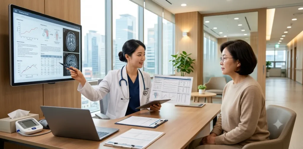 40대 50대 건강검진 필수 항목 결과를 바탕으로 자세히 상담하는 장면