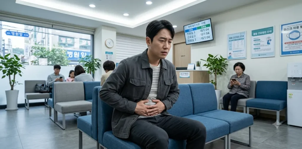 40대 대장내시경 주기를 놓치고 심한 복부 통증으로 배를 부여잡고 있는 남성 모습