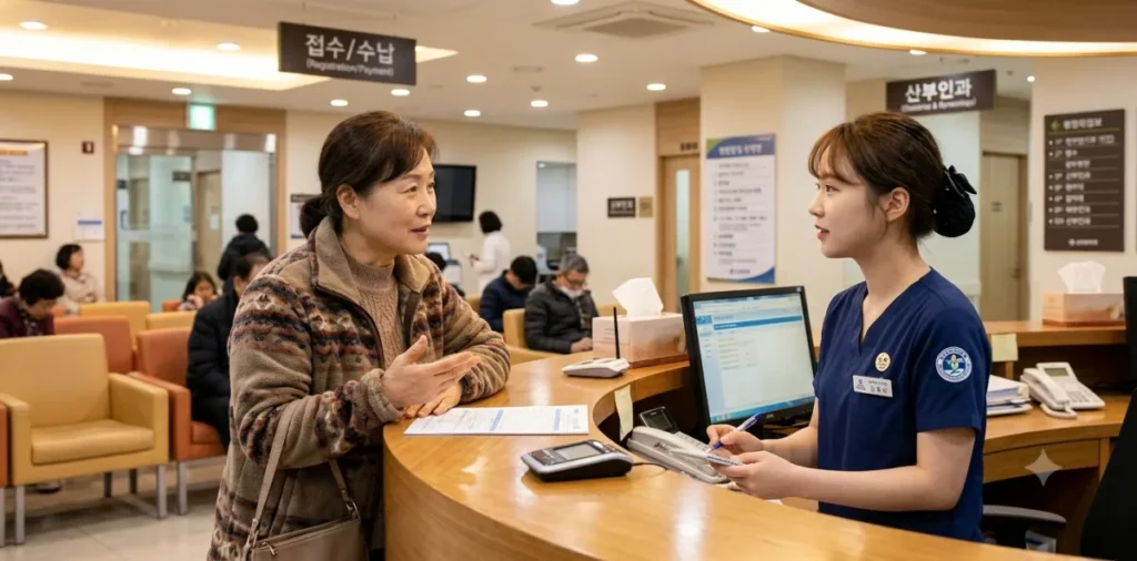 50대 암 정밀 검사 진행을 위해 간호사에게 궁금한 점을 질문하는 여성 환자 모습