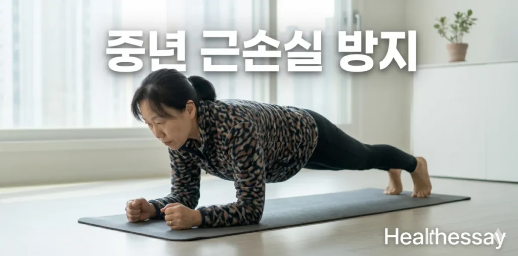 중년 근손실 방지 목표 달성을 위해 매트 위에서 코어 운동을 열심히 실천하는 모습