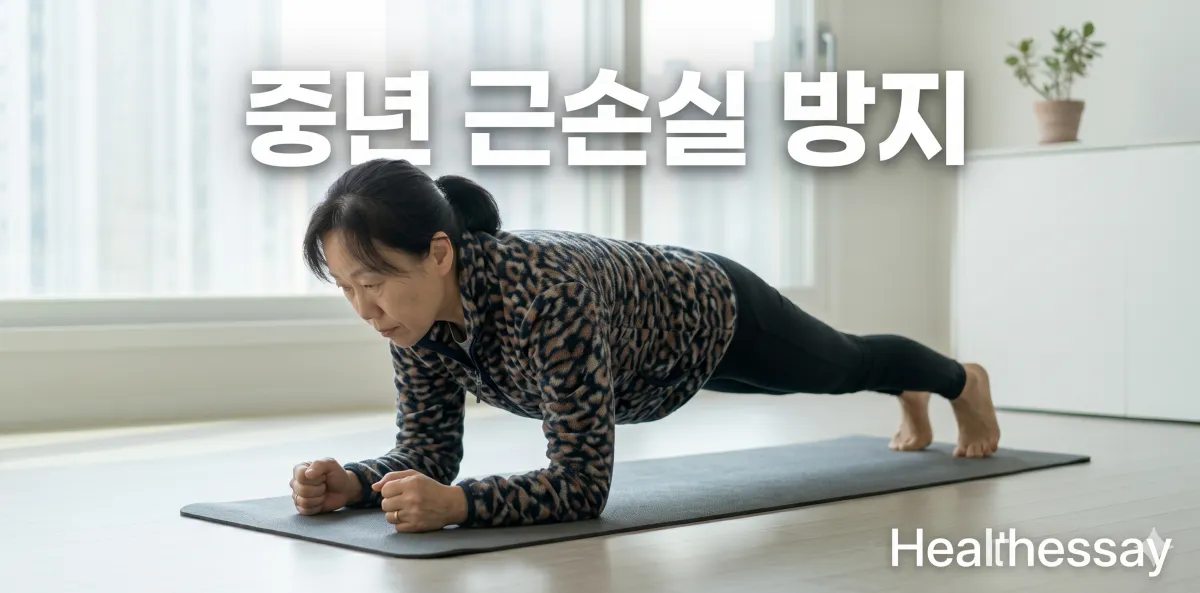 중년 근손실 방지 목표 달성을 위해 매트 위에서 코어 운동을 열심히 실천하는 모습
