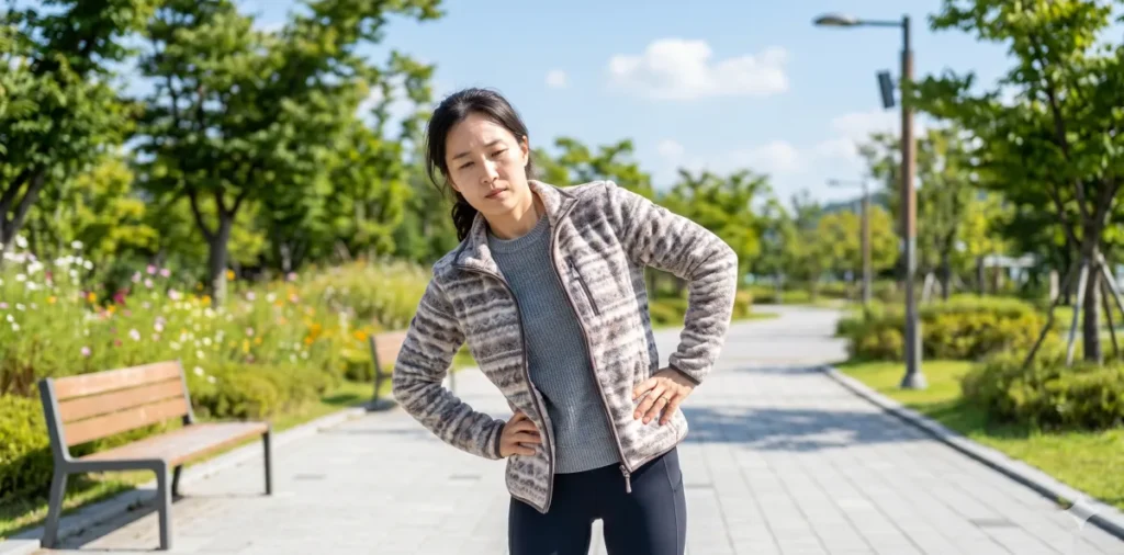 코어 근육 강화를 위해 공원에서 허리에 손을 얹고 상체를 시원하게 풀어주는 모습