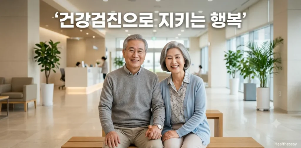 부모님 건강검진 추천 항목을 꼼꼼하게 확인하며 병원 로비에서 대기하는 부부의 모습