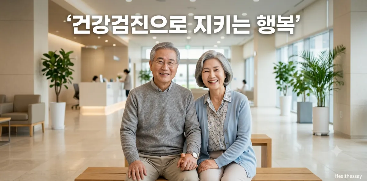 부모님 건강검진 추천 항목을 꼼꼼하게 확인하며 병원 로비에서 대기하는 부부의 모습