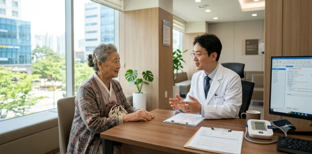 육십대 건강검진 예약을 위해 진료실에서 의사와 상세히 상담을 진행하는 여성의 모습