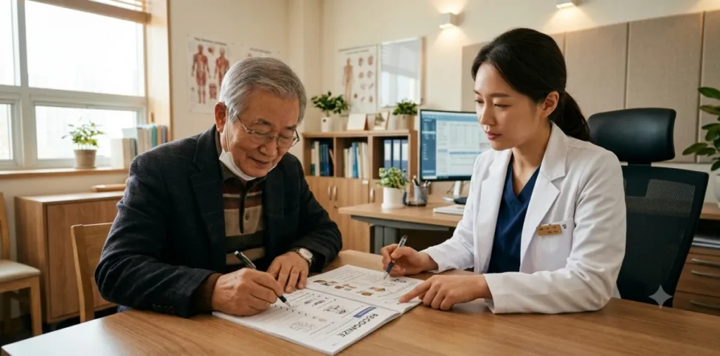 치매 조기 진단 인지기능검사를 받으며 의료진과 진지하게 대화를 나누는 남성의 모습
