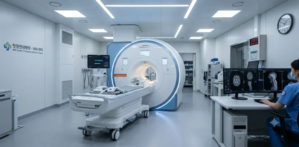 뇌 MRI MRA 차이를 파악하기 위해 준비된 최첨단 정밀 촬영 영상 장비의 모습