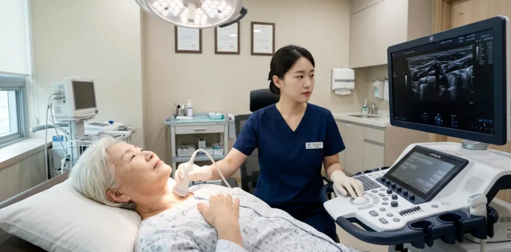 뇌졸중 예방 경동맥 초음파 기기로 목 혈관 상태를 정밀하게 검사받는 여성의 모습