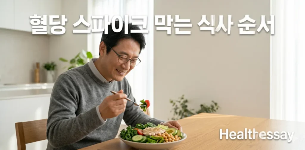 혈당 스파이크 막는 식사 순서, 거꾸로 식사법 실전 가이드 2 혈당 스파이크 막는 식사 순서 실천을 위해 신선한 샐러드를 가장 먼저 먹는 모습