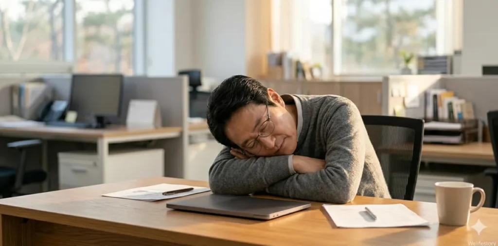 혈당 스파이크 막는 식사 순서, 거꾸로 식사법 실전 가이드 3 식사 직후 혈당 스파이크 증상 때문에 사무실 책상에 지쳐서 엎드려 조는 모습