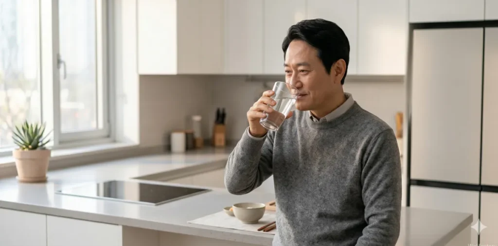 혈당 스파이크 막는 식사 순서, 거꾸로 식사법 실전 가이드 4 인슐린 분비 조절 기능을 돕기 위해 식사 전에 깨끗한 물을 한 잔 마시는 모습