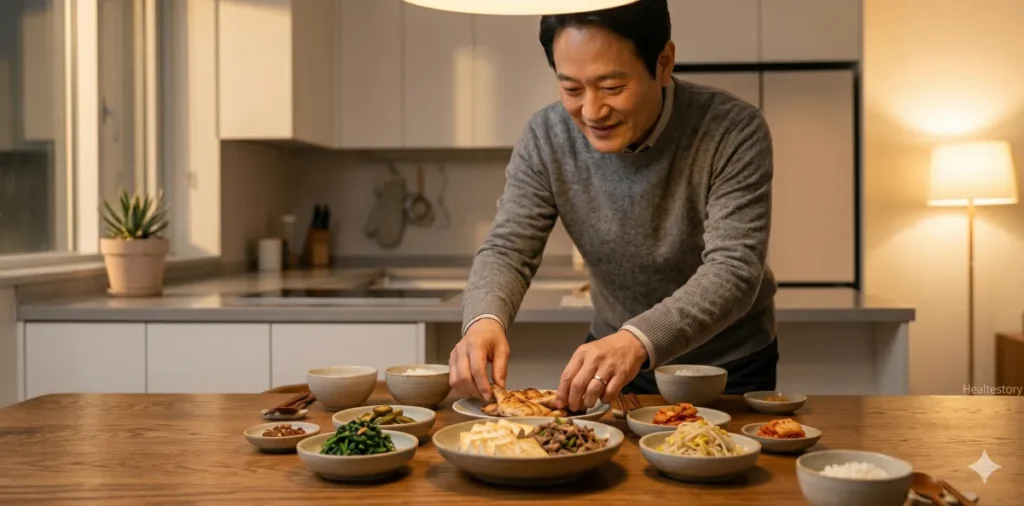 혈당 스파이크 막는 식사 순서, 거꾸로 식사법 실전 가이드 5 채소 단백질 탄수화물 순서 실천을 위해 다양한 건강 반찬을 상 위에 차리는 모습