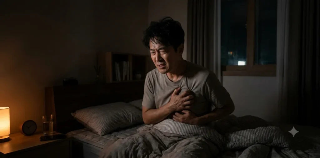 야간 위산 분비 탓에 한밤중 가슴의 극심한 통증을 느끼고 무척 괴로워하는 모습