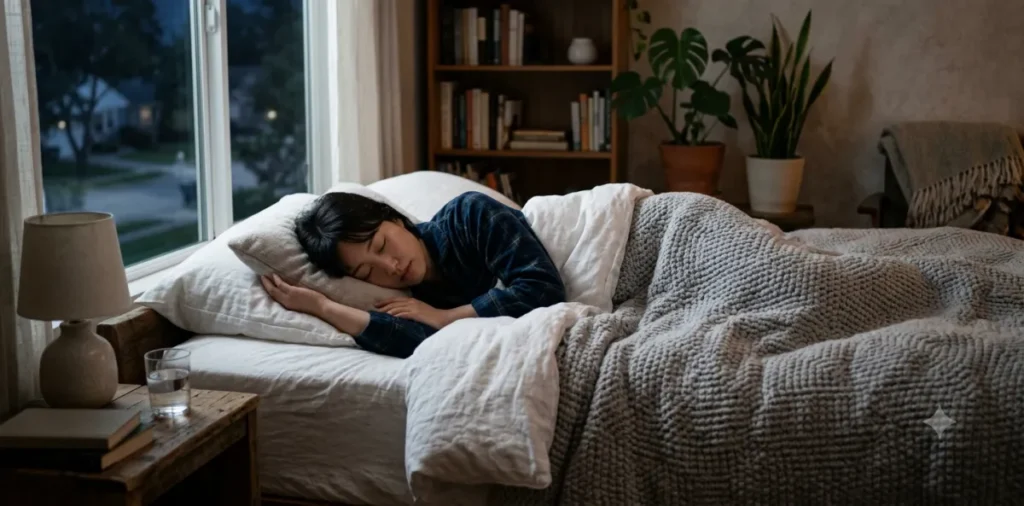 위산 역류를 물리적으로 막기 위해 올바르게 왼쪽으로 누워 자는 자세 실천 모습
